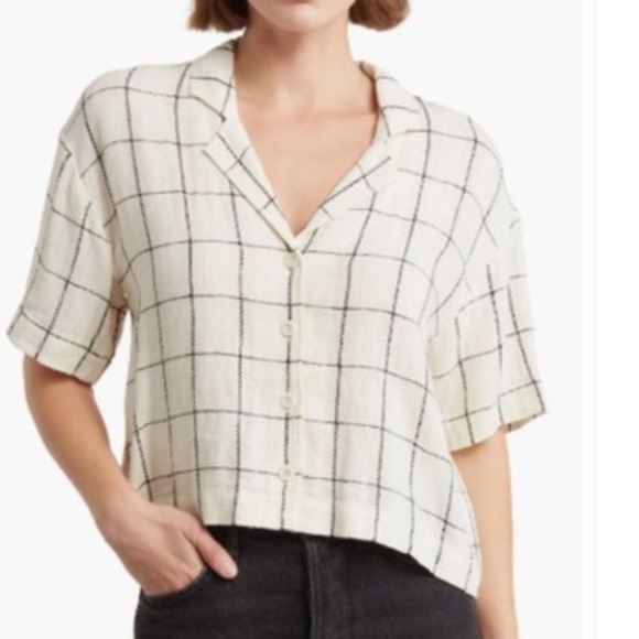 Madewell White Grid Checkered Print Button Down Short Sleeve Crop Top Size S - Picture 1 of 6